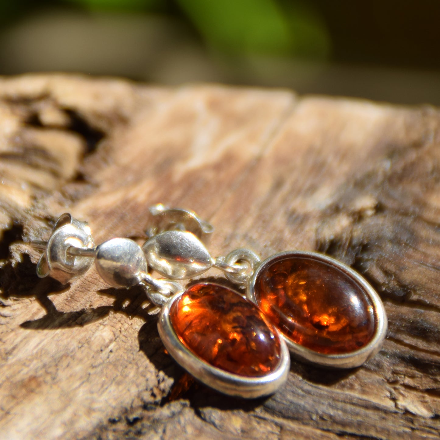 Oval drop earrings with natural cognac Amber and 925 Silver, MJ Baltica, BK068