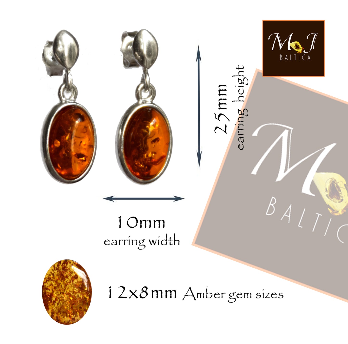 MJ Baltica, earrings, natural Baltic amber, 925 silver, cognac, oval, handcrafted, BK068