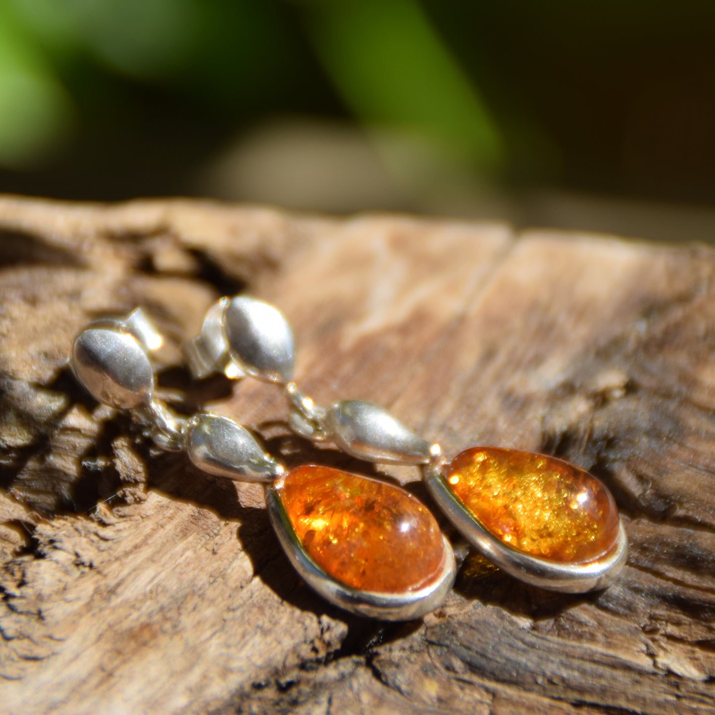 Dangle earrings with natural cognac Amber drop and 925 Sterling Silver, MJ Baltica, BK069