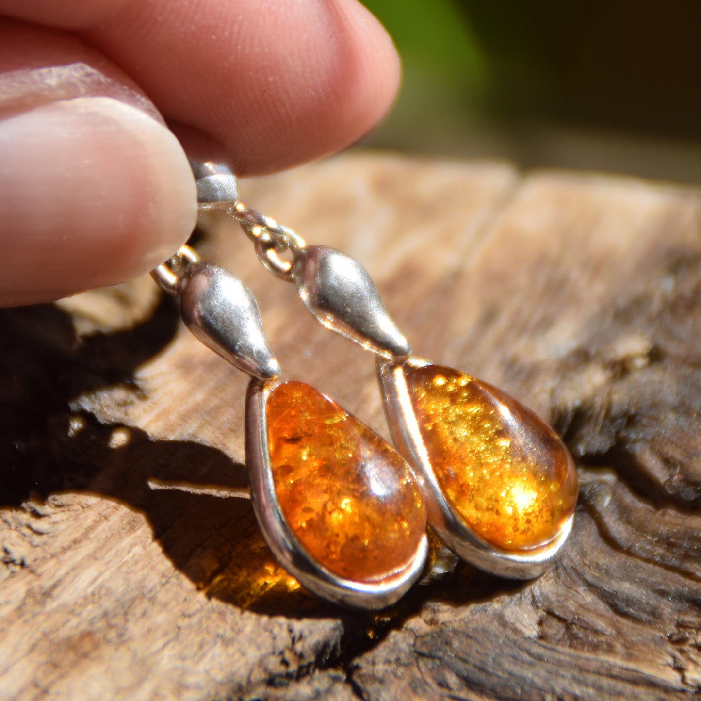 Dangle earrings with natural cognac Amber drop and 925 Sterling Silver, MJ Baltica, BK069