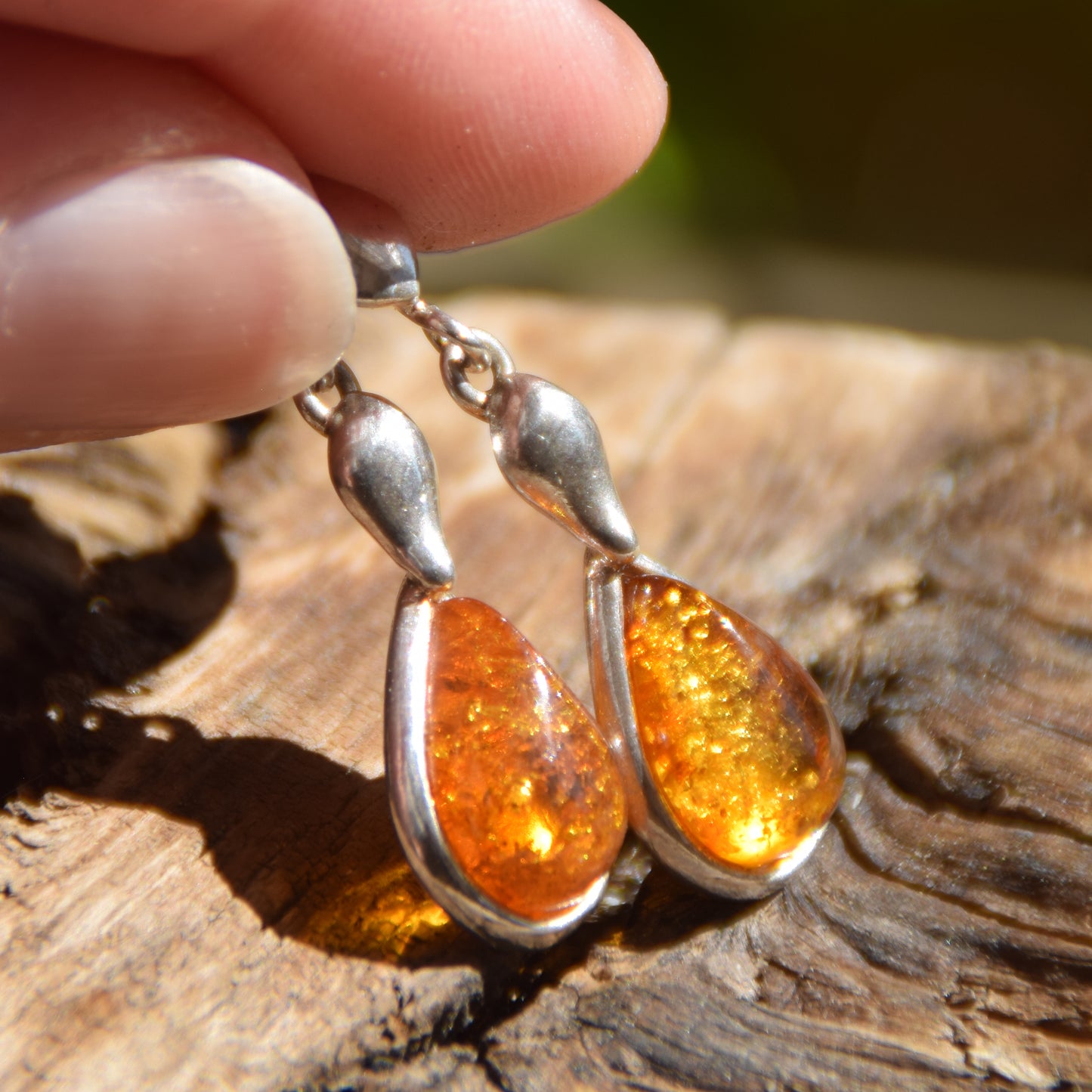 Dangle earrings with natural cognac Amber drop and 925 Sterling Silver, MJ Baltica, BK069