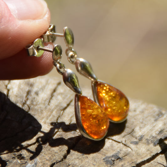 Dangle earrings with natural cognac Amber drop and 925 Sterling Silver, MJ Baltica, BK069