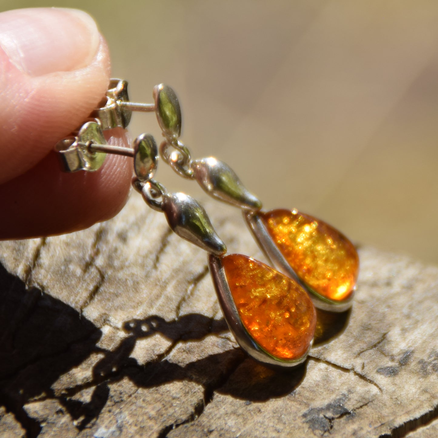 Dangle earrings with natural cognac Amber drop and 925 Sterling Silver, MJ Baltica, BK069