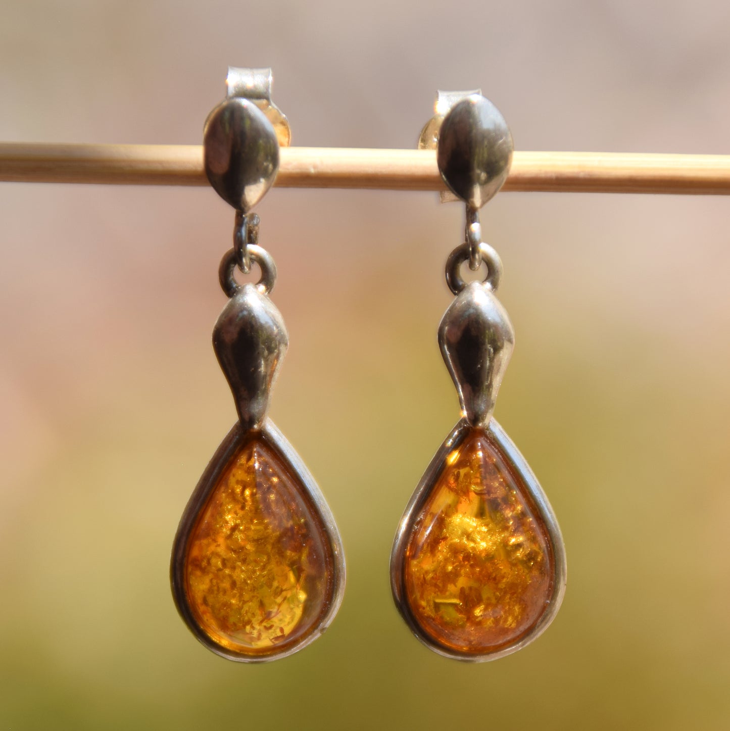 Dangle earrings with natural cognac Amber drop and 925 Sterling Silver, MJ Baltica, BK069