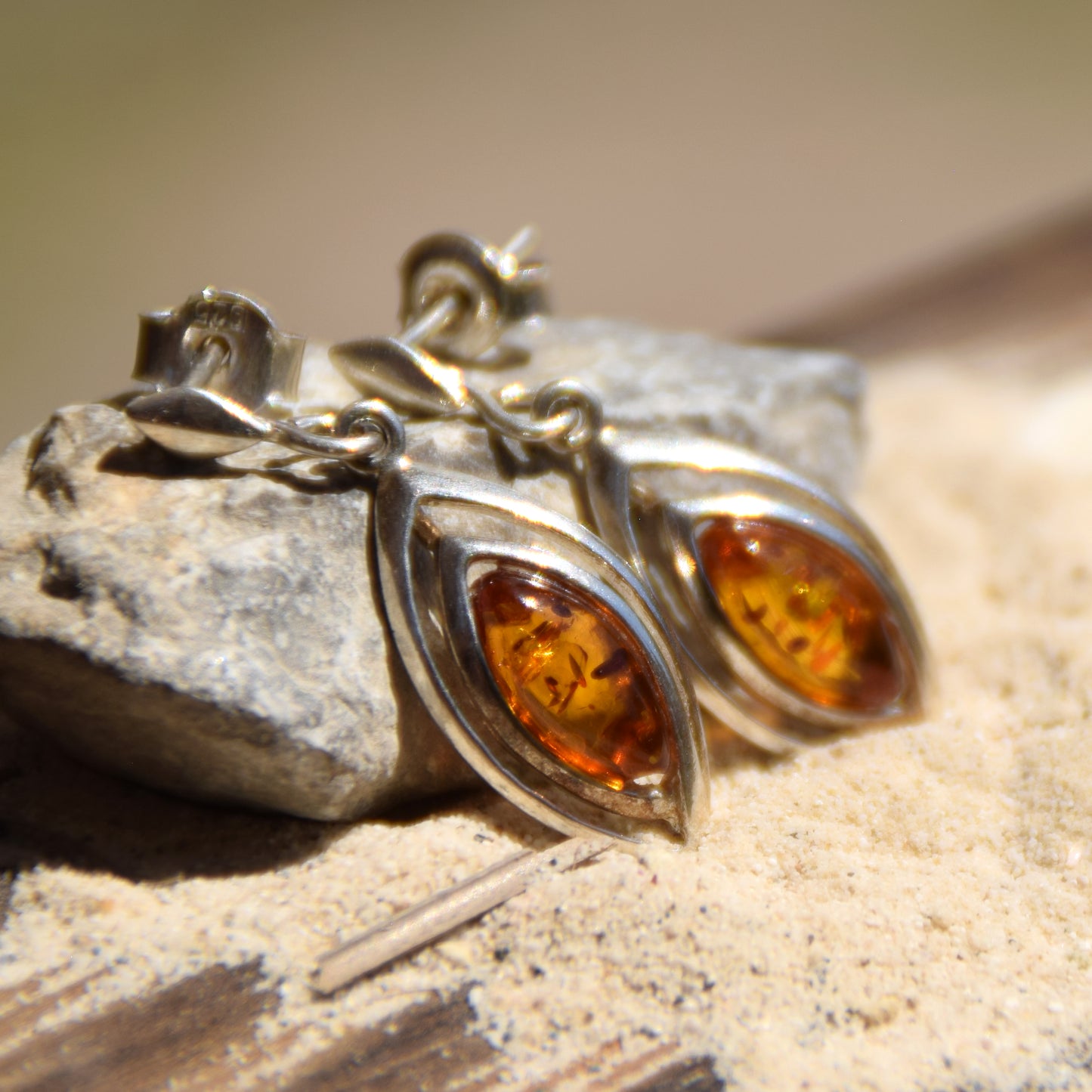 Light dangle earrings with natural Cognac Amber and 925 Sterling Silver, MJ Baltica, BK070