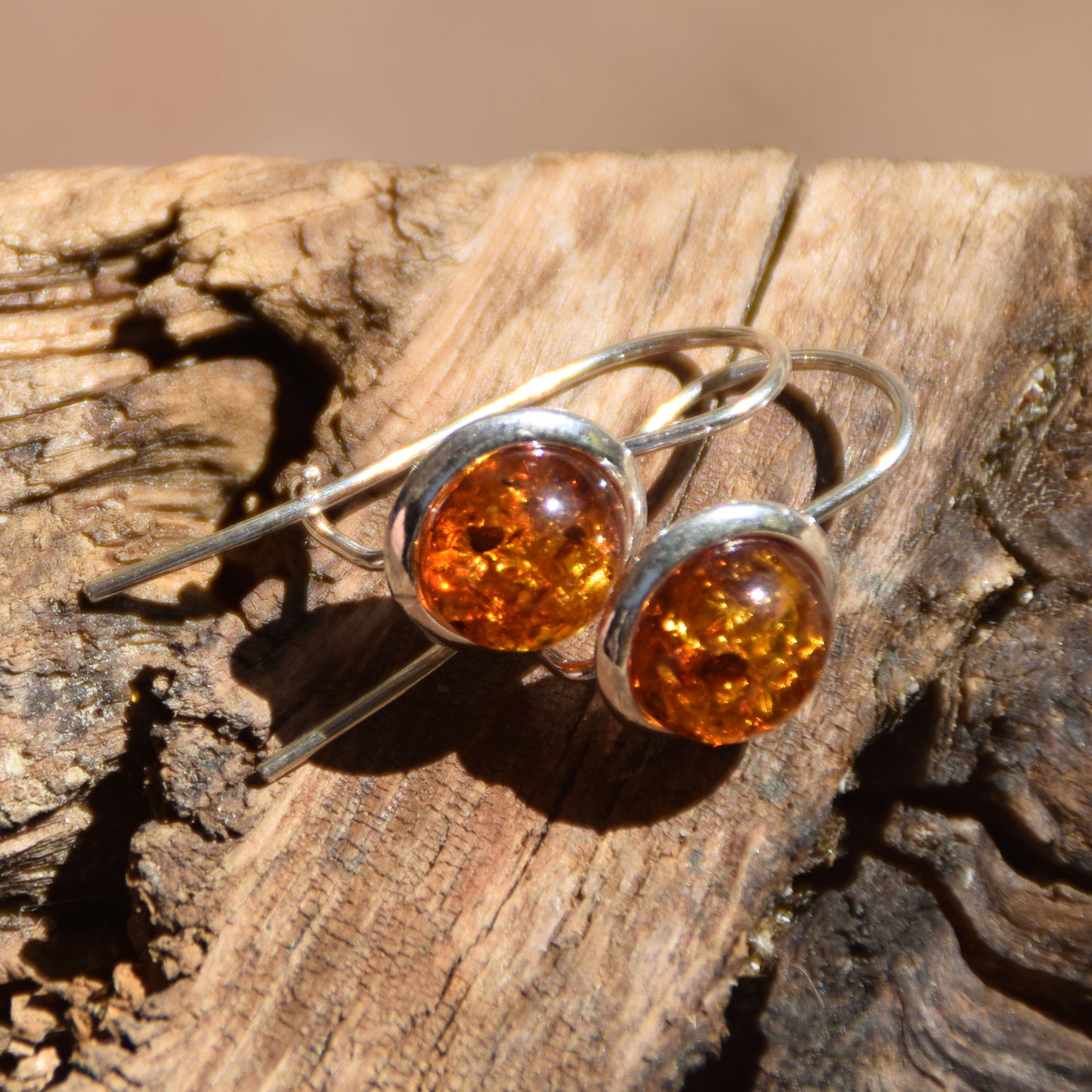 Round earrings with earwire with natural cognac Amber and 925 Silver, MJ Baltica, BK071
