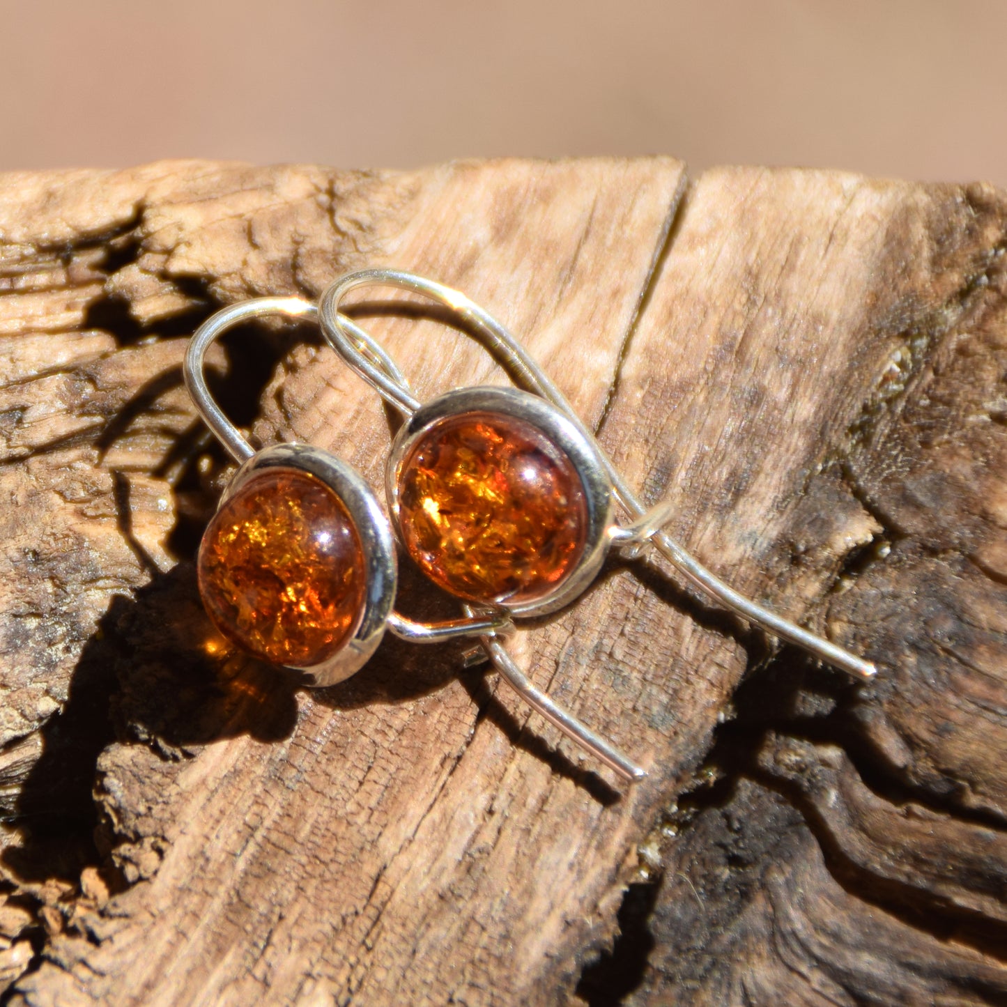 Round earrings with earwire with natural cognac Amber and 925 Silver, MJ Baltica, BK071