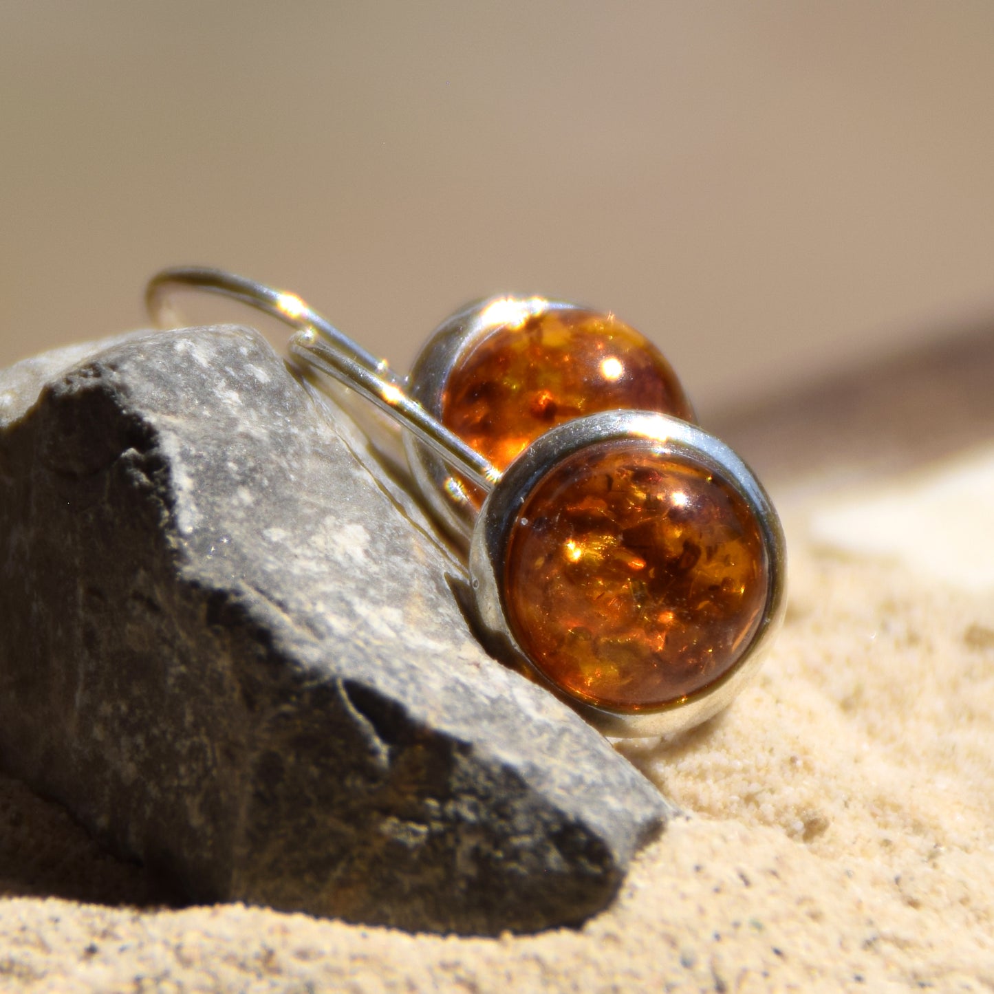 Round earrings with earwire with natural cognac Amber and 925 Silver, MJ Baltica, BK071