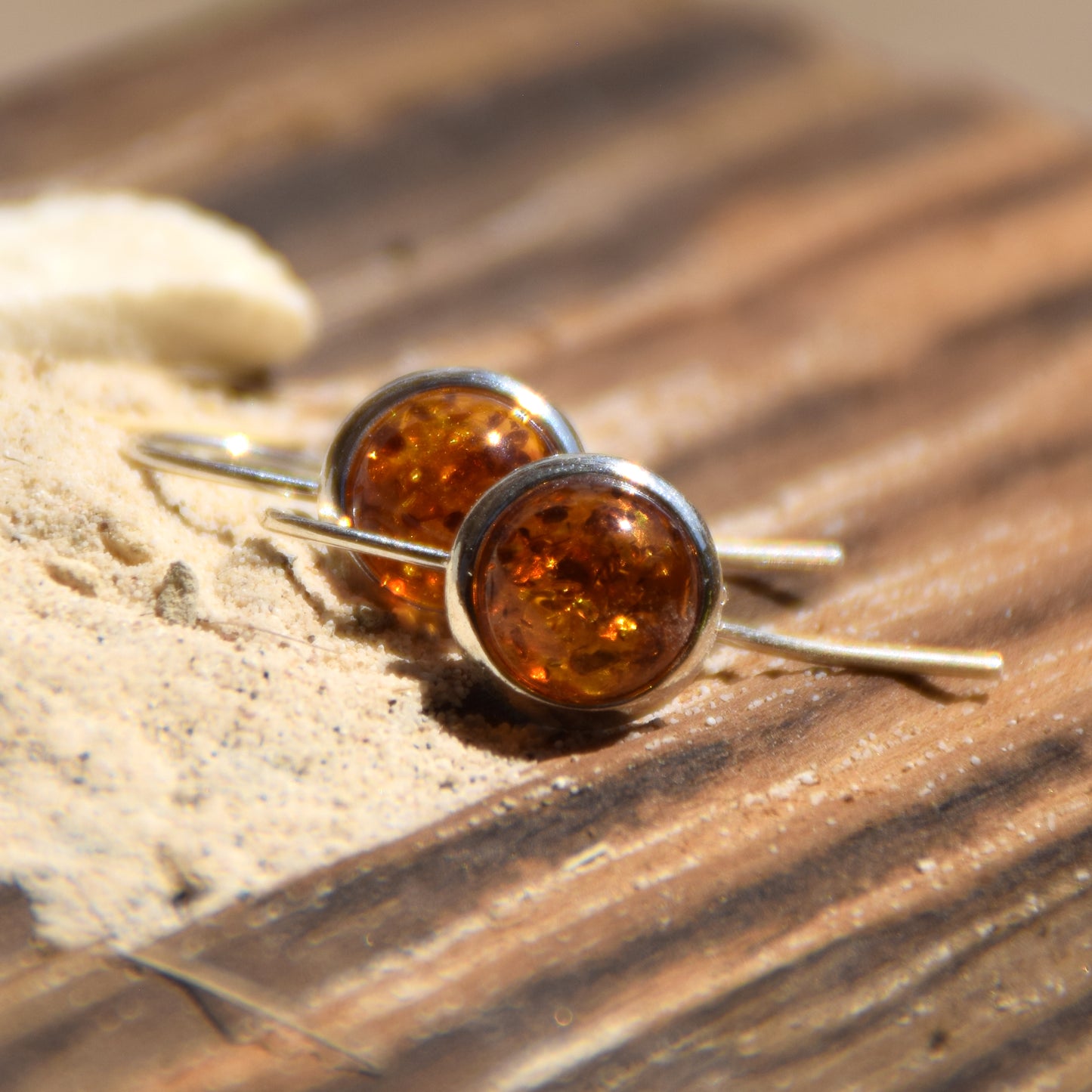 Round earrings with earwire with natural cognac Amber and 925 Silver, MJ Baltica, BK071