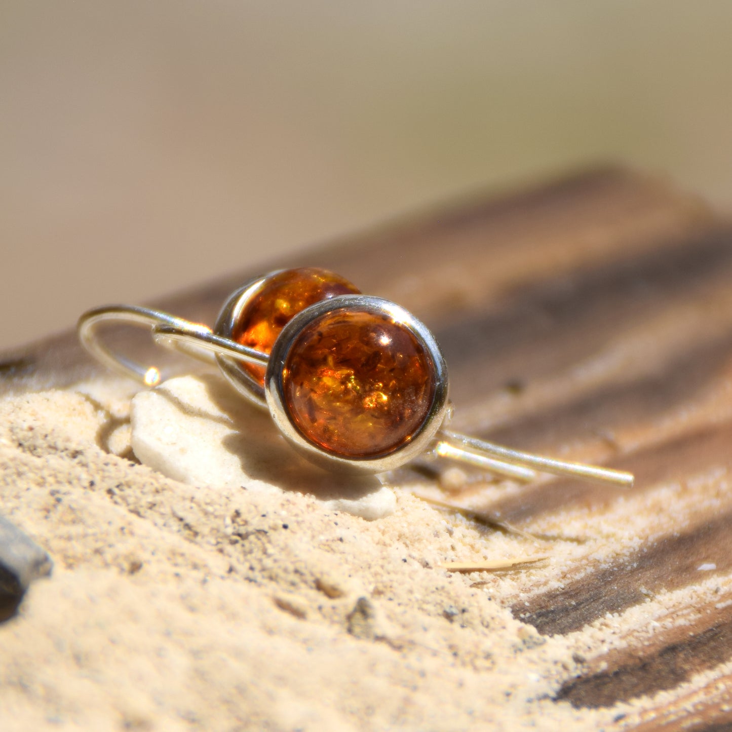 Round earrings with earwire with natural cognac Amber and 925 Silver, MJ Baltica, BK071