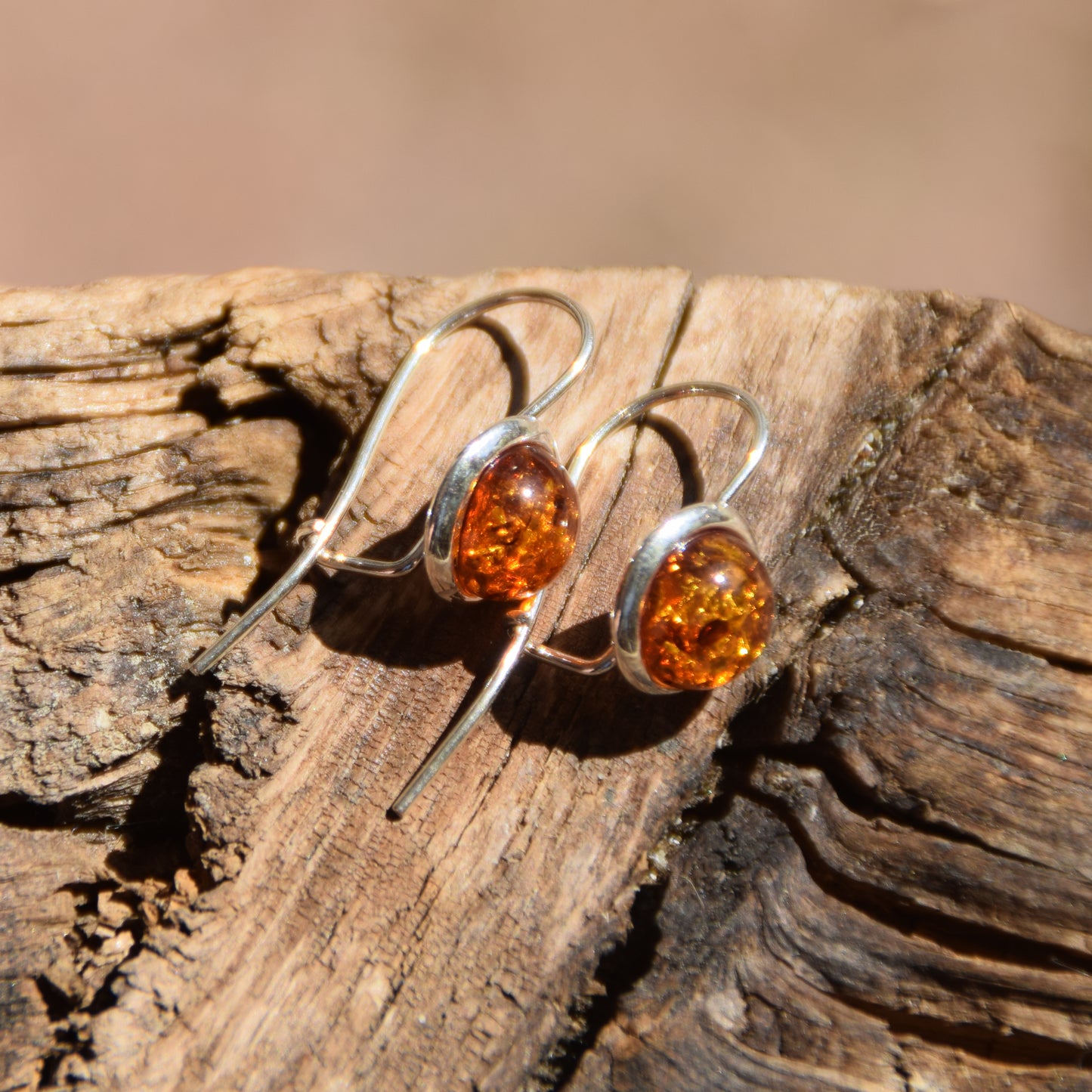 Round earrings with earwire with natural cognac Amber and 925 Silver, MJ Baltica, BK071