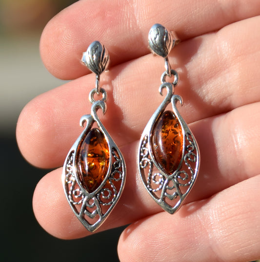 Classic dangle earrings with oriental style filigree, cognac natural amber drop and 925 Silver, MJ Baltica, BK073