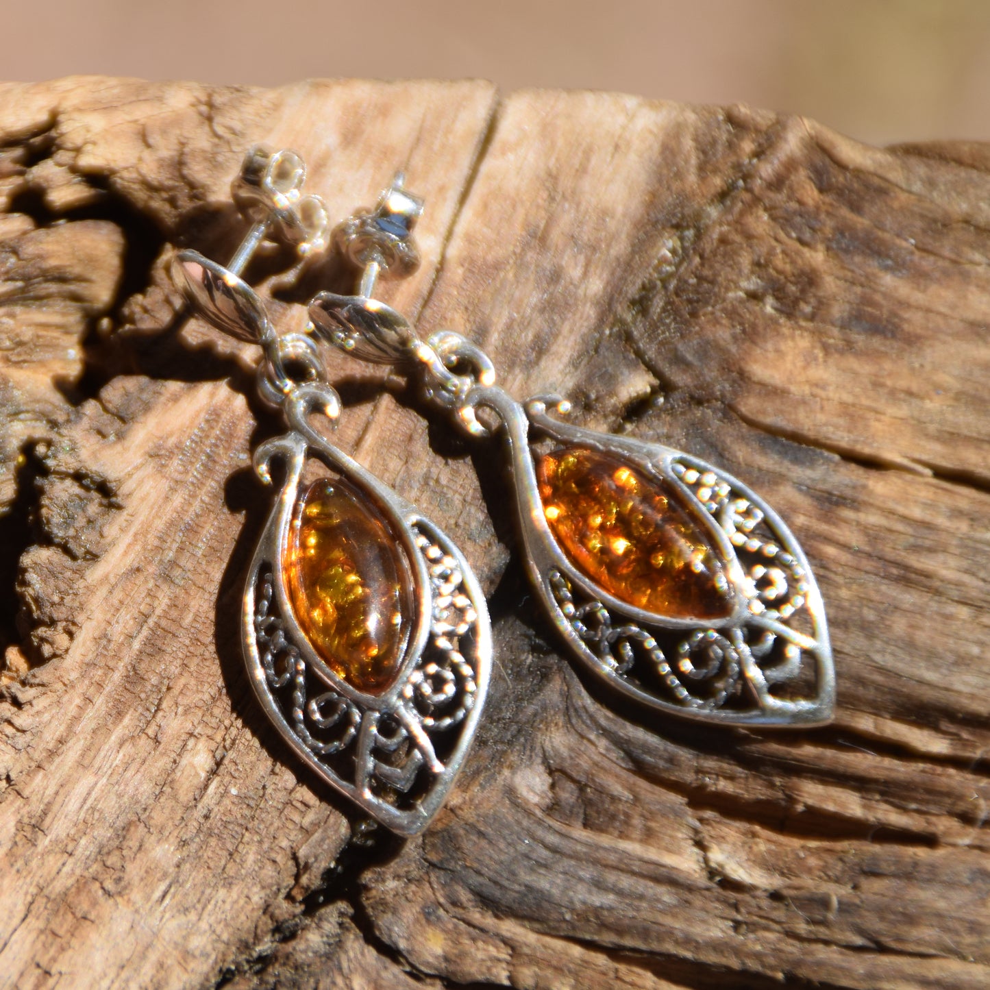 Classic dangle earrings with oriental style filigree, cognac natural amber drop and 925 Silver, MJ Baltica, BK073