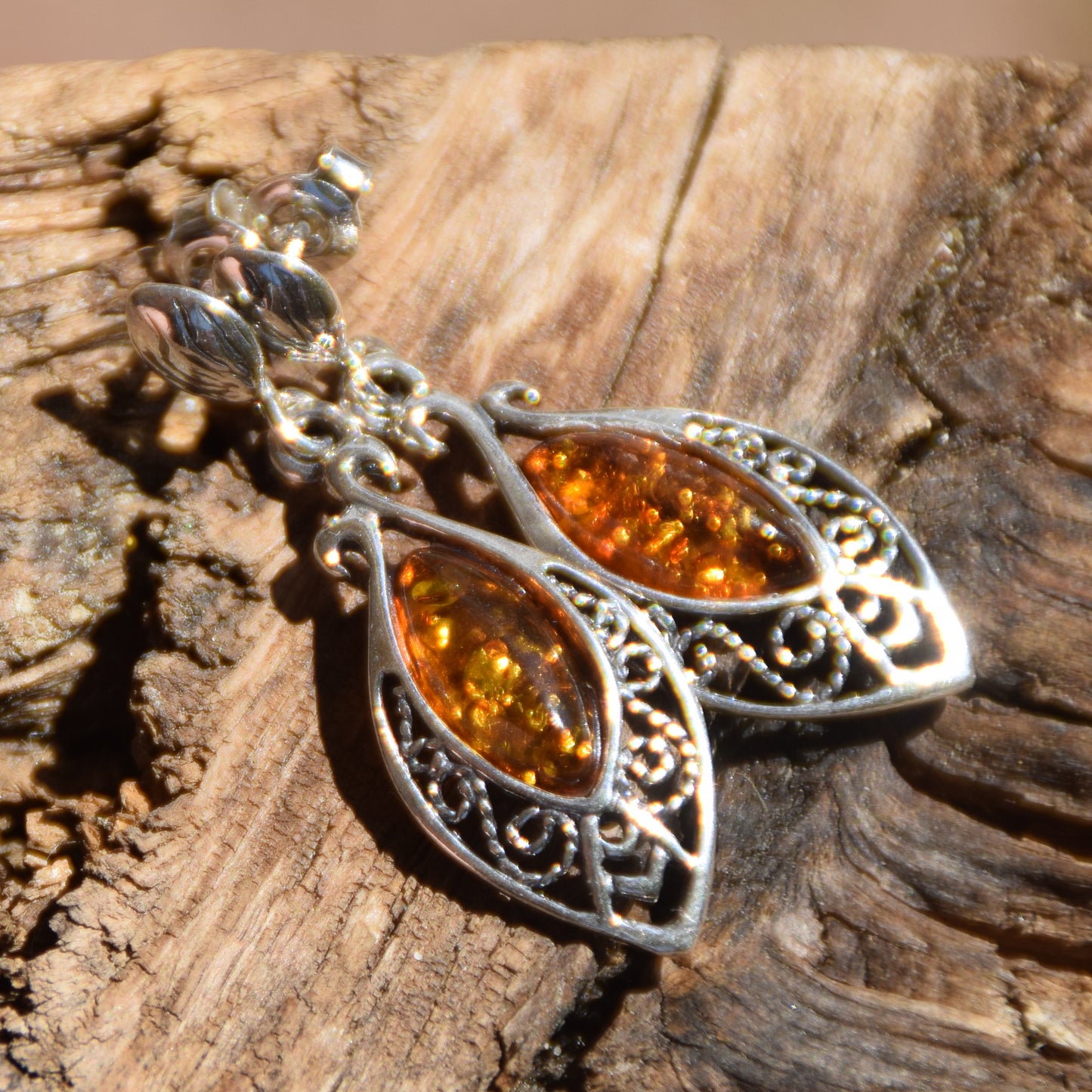 Classic dangle earrings with oriental style filigree, cognac natural amber drop and 925 Silver, MJ Baltica, BK073