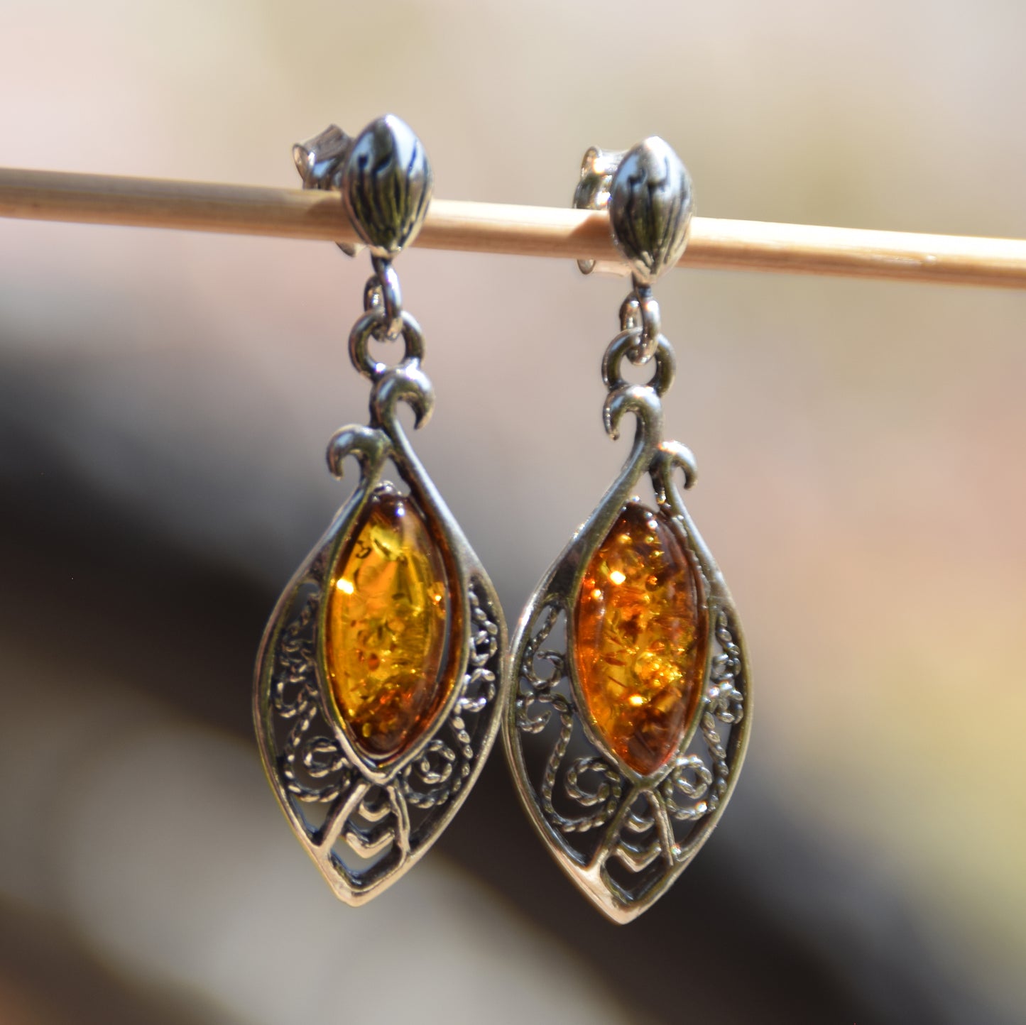 Classic dangle earrings with oriental style filigree, cognac natural amber drop and 925 Silver, MJ Baltica, BK073