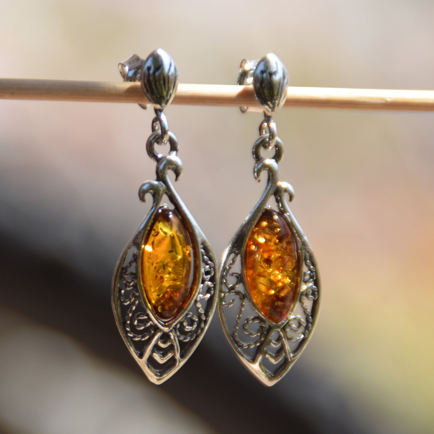 Classic dangle earrings with oriental style filigree, cognac natural amber drop and 925 Silver, MJ Baltica, BK073