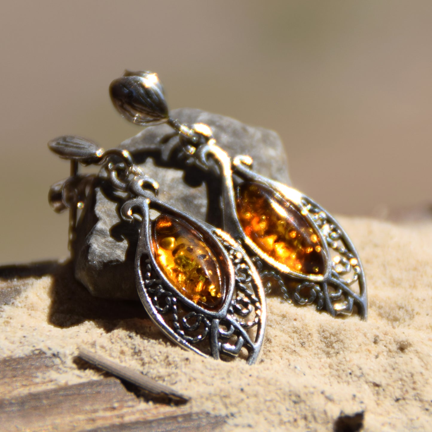 Classic dangle earrings with oriental style filigree, cognac natural amber drop and 925 Silver, MJ Baltica, BK073