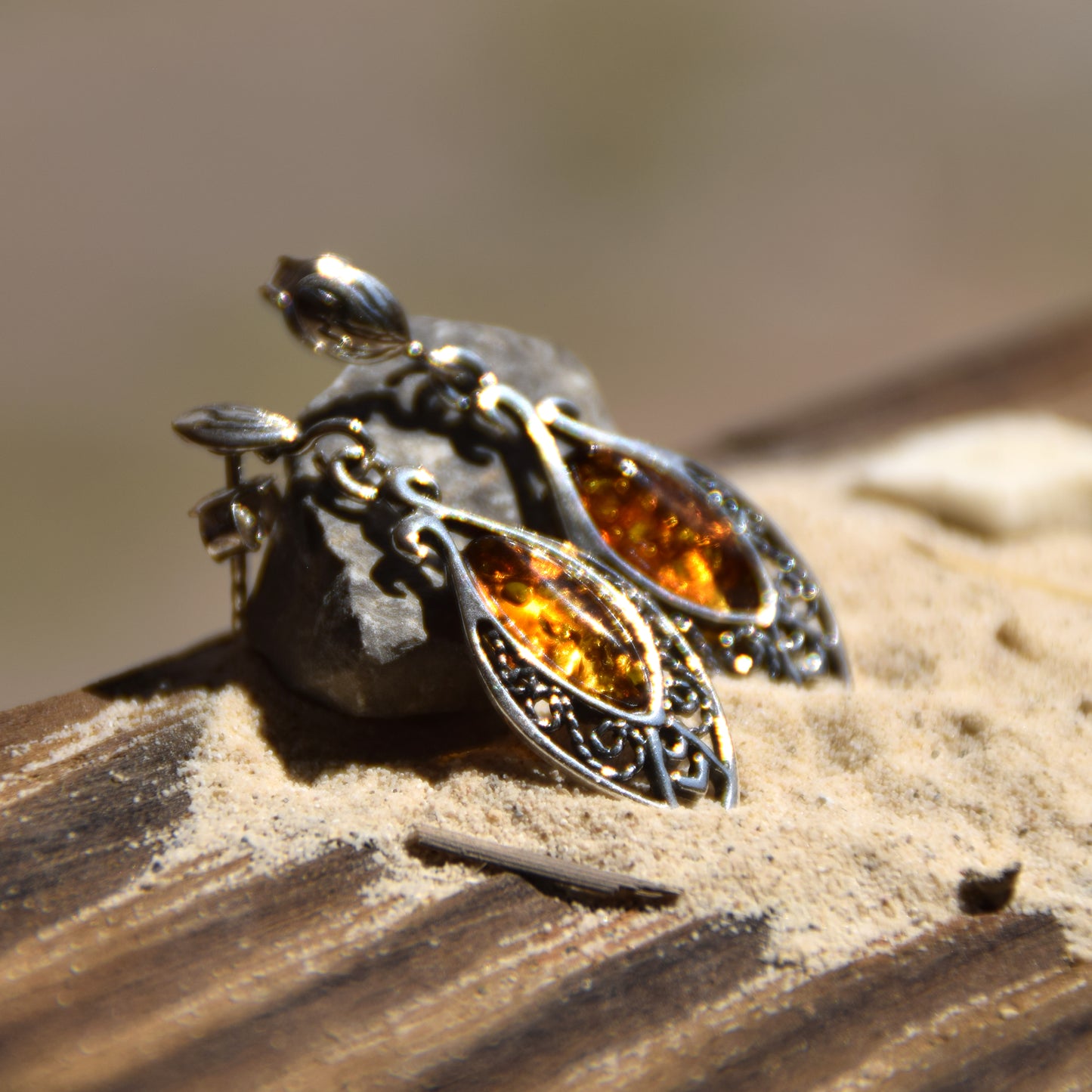 Classic dangle earrings with oriental style filigree, cognac natural amber drop and 925 Silver, MJ Baltica, BK073