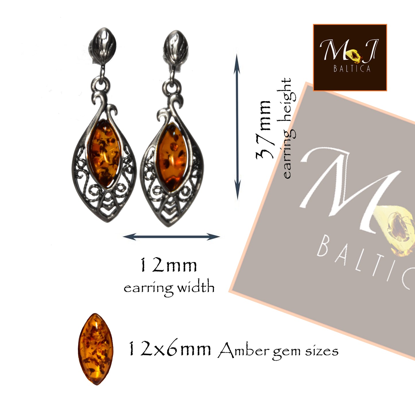 Classici orecchini pendenti con la filigrana di stile orientale con goccia di Ambra naturale color cognac e Argento 925, MJ Baltica, BK073