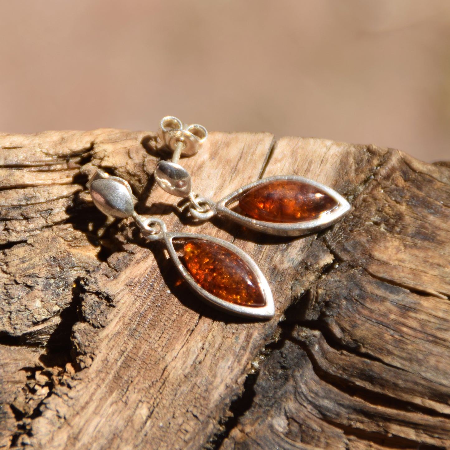 Fine Dangle Earrings with Natural Dark Amber and Sterling Silver 925, MJ Baltica, BK074
