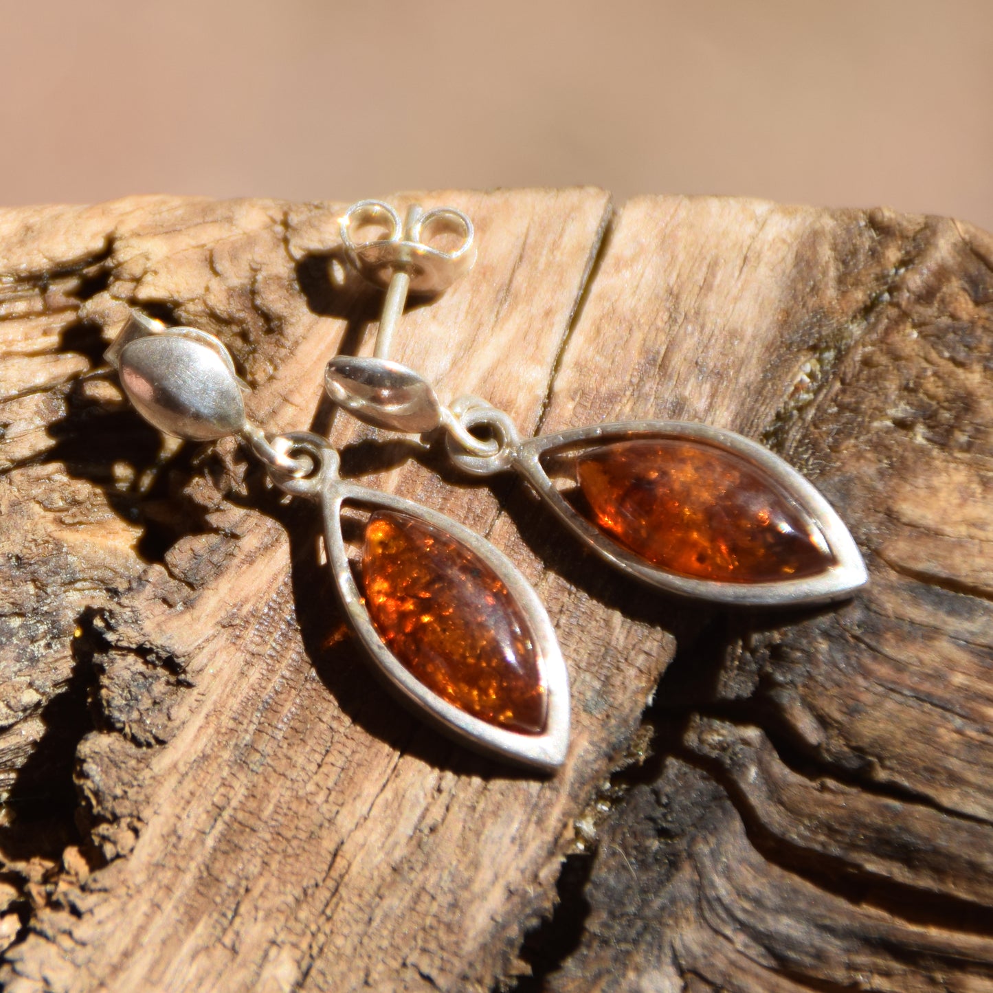 Fine Dangle Earrings with Natural Dark Amber and Sterling Silver 925, MJ Baltica, BK074