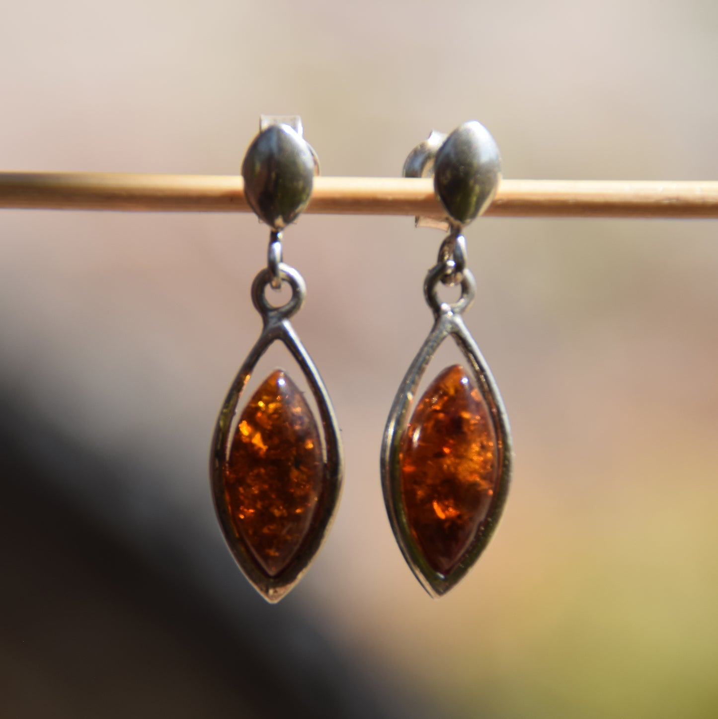 Fine Dangle Earrings with Natural Dark Amber and Sterling Silver 925, MJ Baltica, BK074
