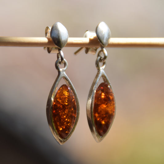 Fine Dangle Earrings with Natural Dark Amber and Sterling Silver 925, MJ Baltica, BK074