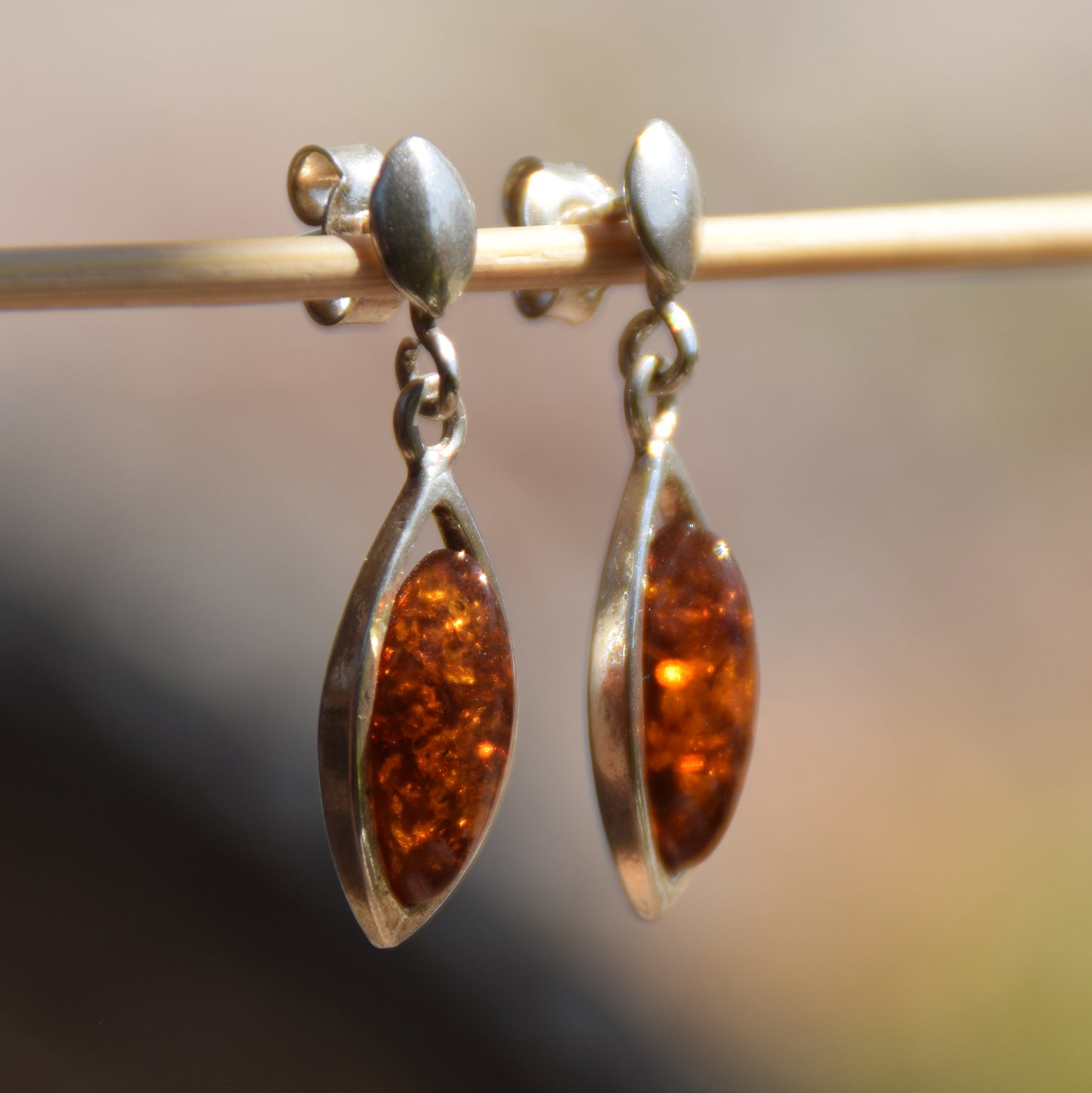 Fine Dangle Earrings with Natural Dark Amber and Sterling Silver 925, MJ Baltica, BK074