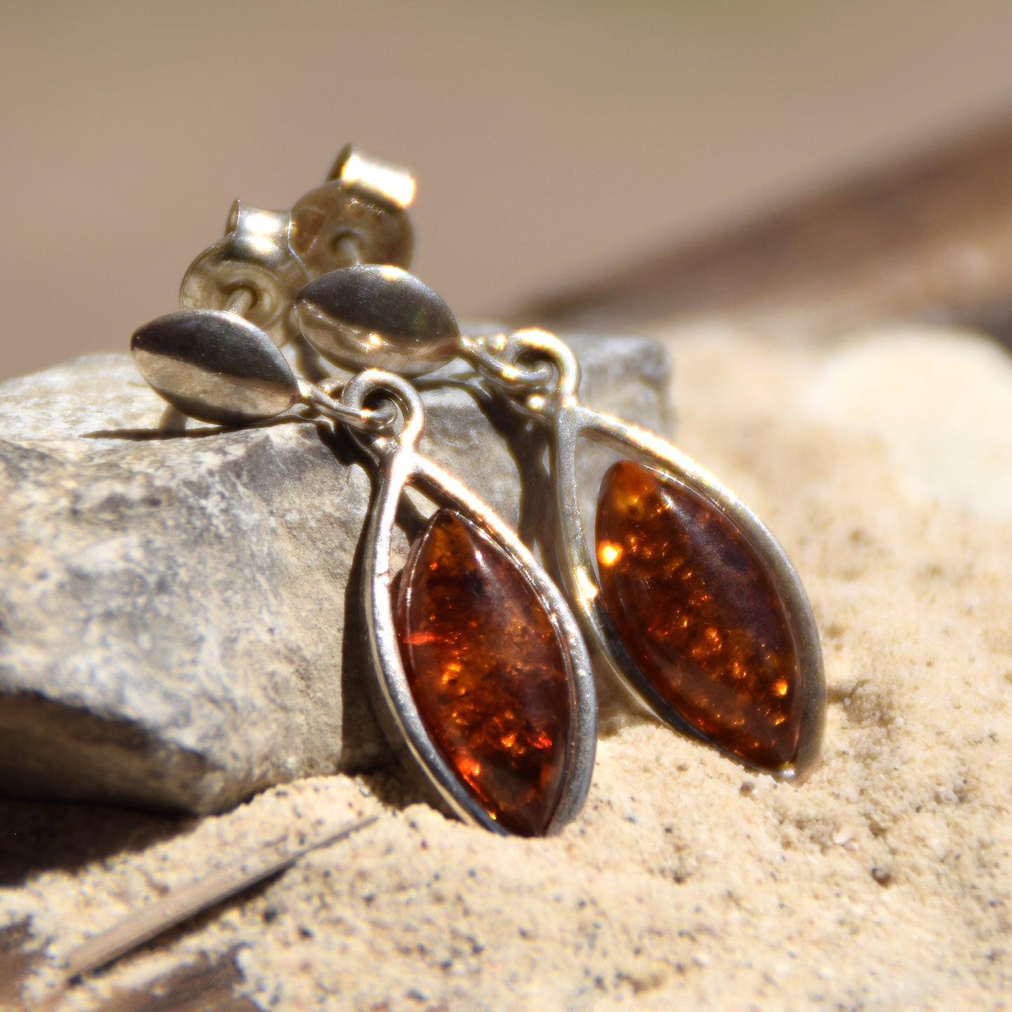 Fine Dangle Earrings with Natural Dark Amber and Sterling Silver 925, MJ Baltica, BK074