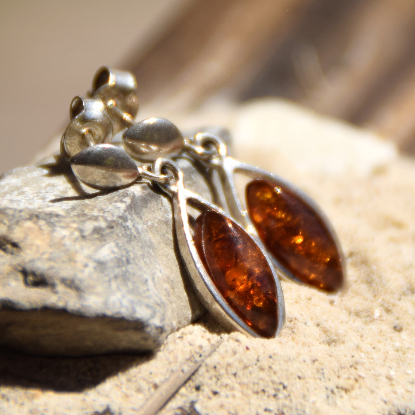 Fine Dangle Earrings with Natural Dark Amber and Sterling Silver 925, MJ Baltica, BK074
