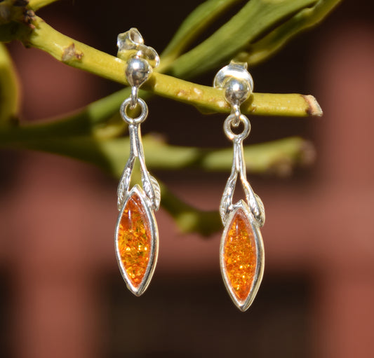 MJ Baltica, earrings, natural Baltic amber, 925 silver, fine, elegant, leaves, BK075