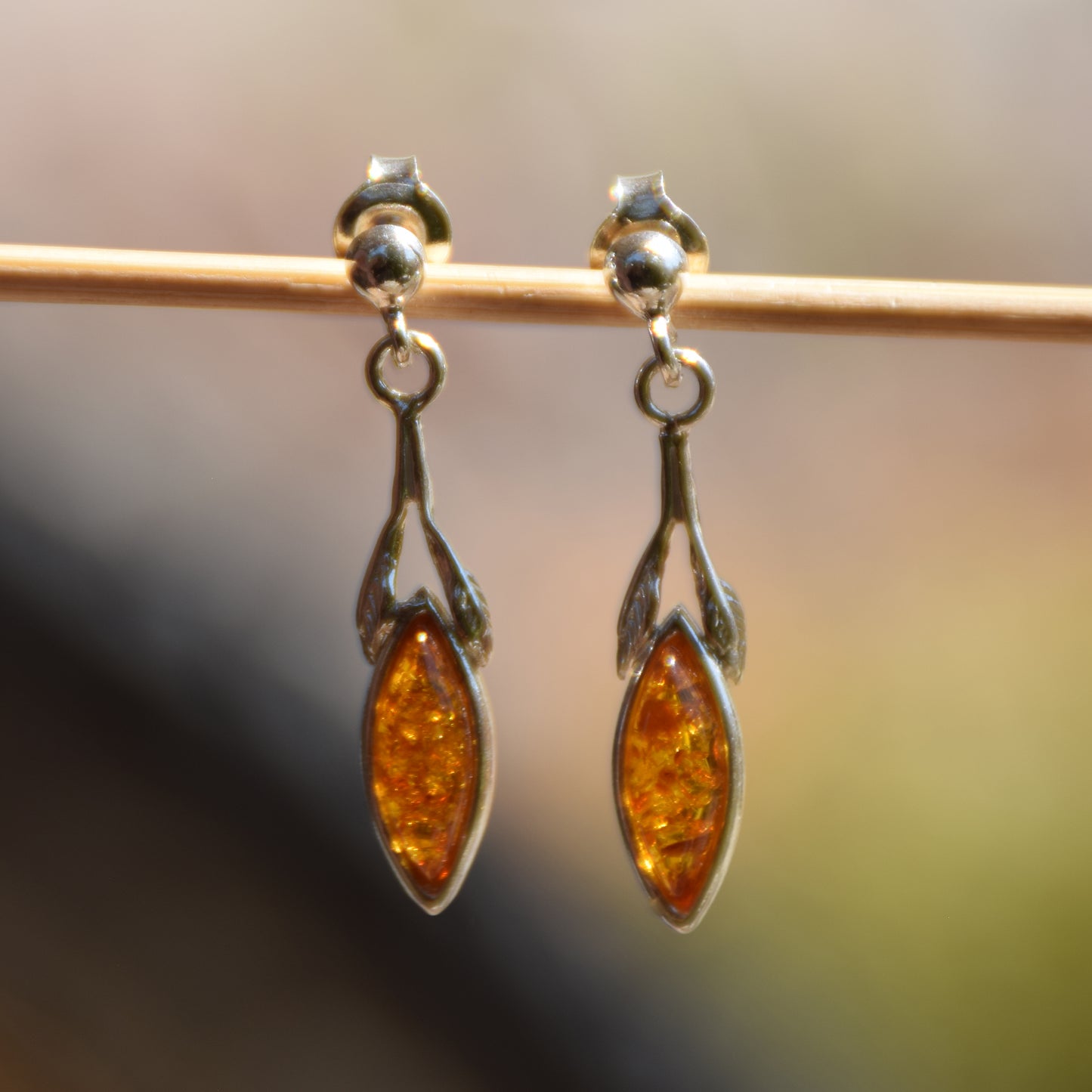 Delicate dangle earrings with floral design with natural cognac amber, MJ Baltica, BK075