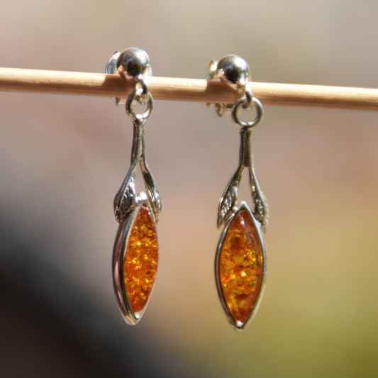 Delicate dangle earrings with floral design with natural cognac amber, MJ Baltica, BK075