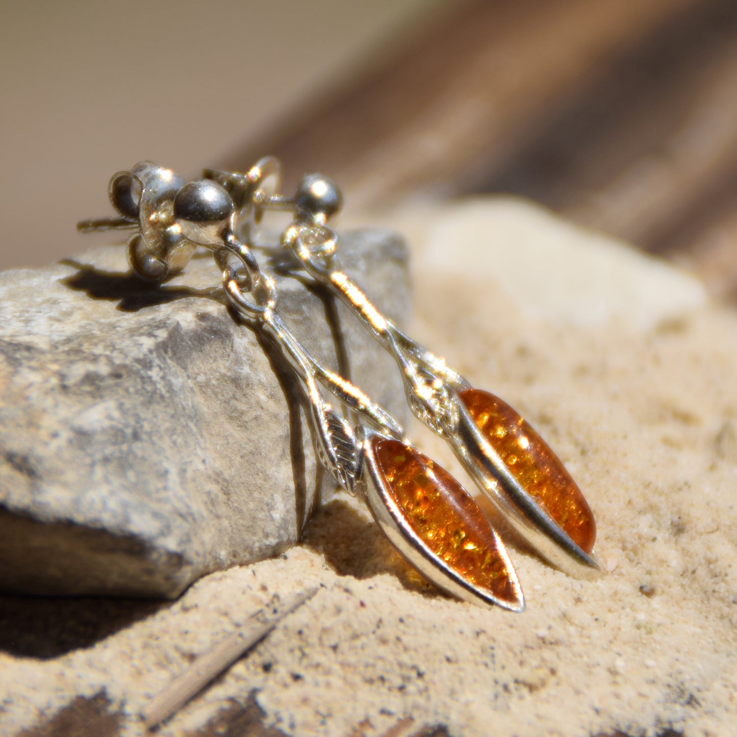 Delicate dangle earrings with floral design with natural cognac amber, MJ Baltica, BK075