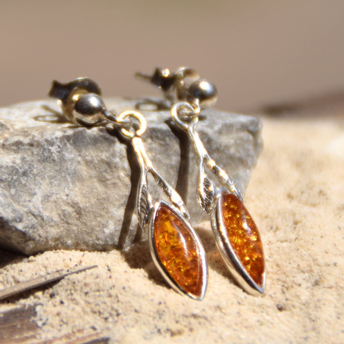 Delicate dangle earrings with floral design with natural cognac amber, MJ Baltica, BK075