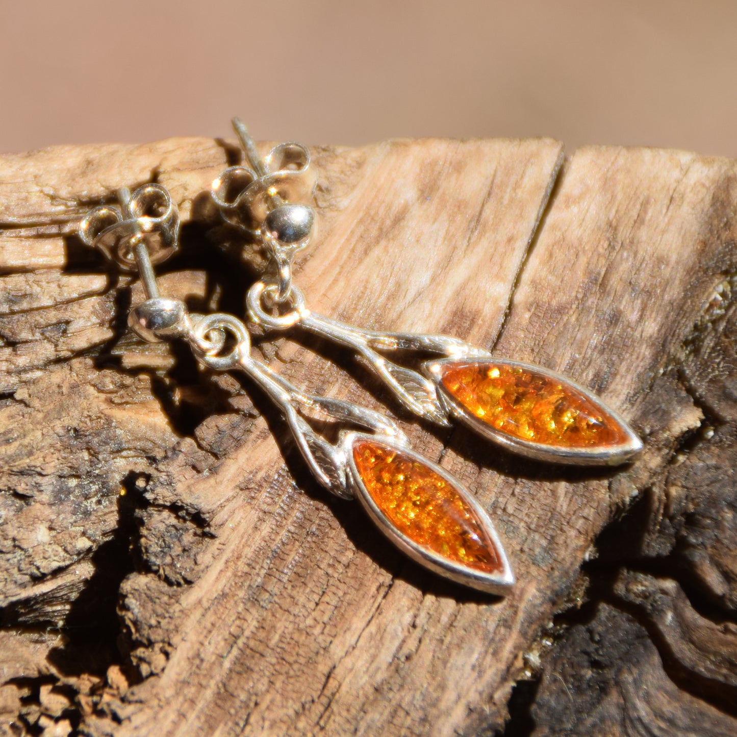 Delicate dangle earrings with floral design with natural cognac amber, MJ Baltica, BK075