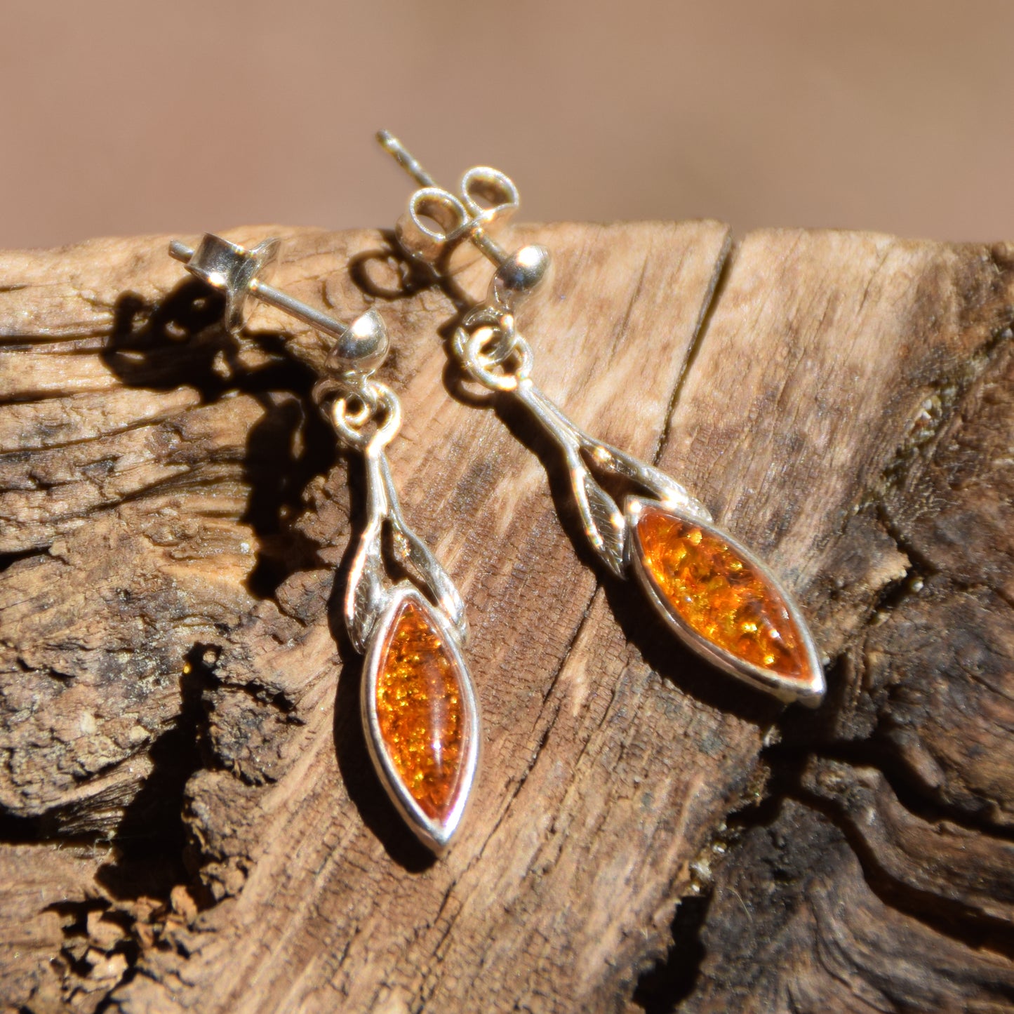 Delicate dangle earrings with floral design with natural cognac amber, MJ Baltica, BK075