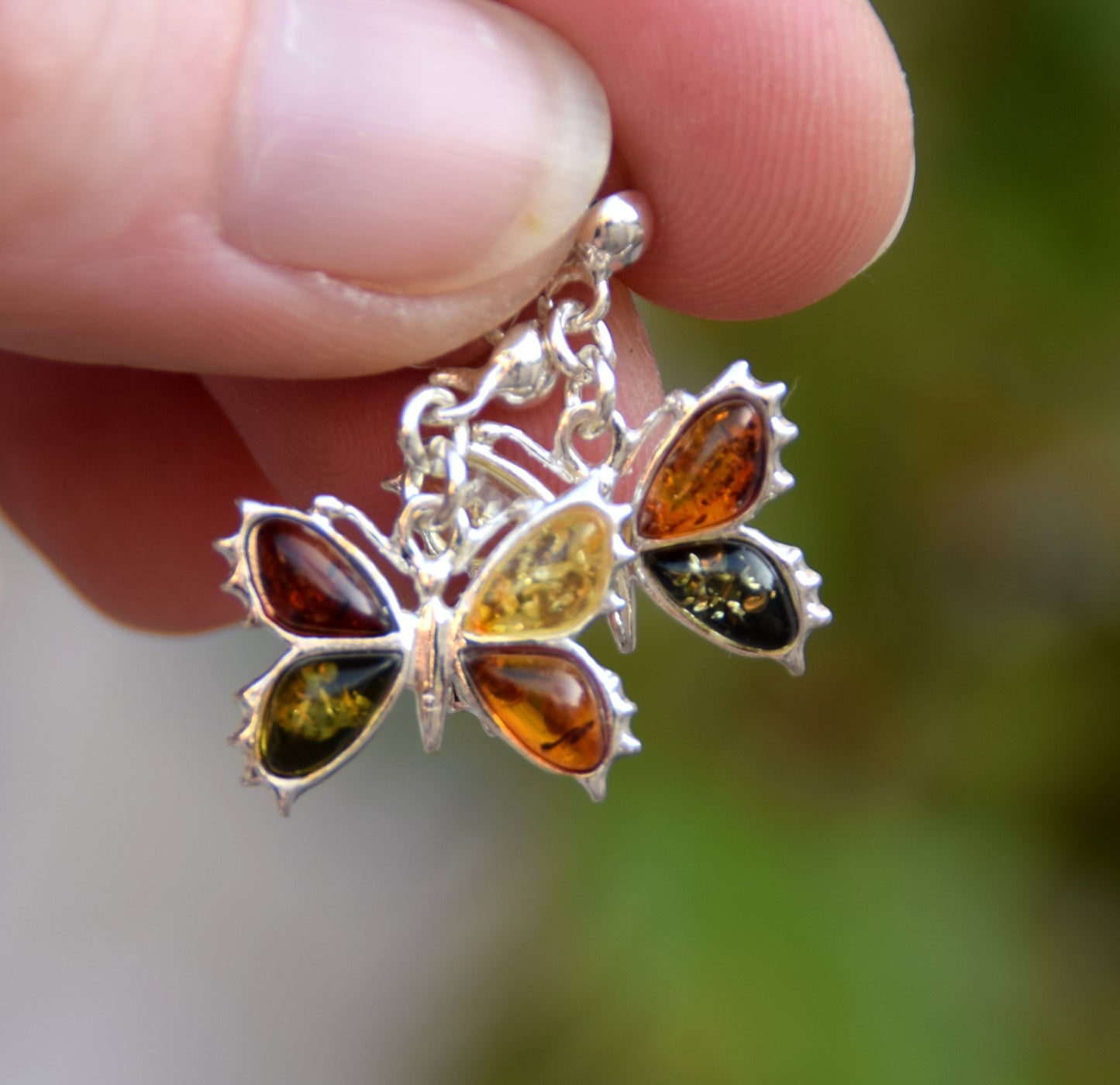 MJ Baltica, earrings, natural Baltic amber, 925 silver, butterfly, multi color, handcrafted, BK077