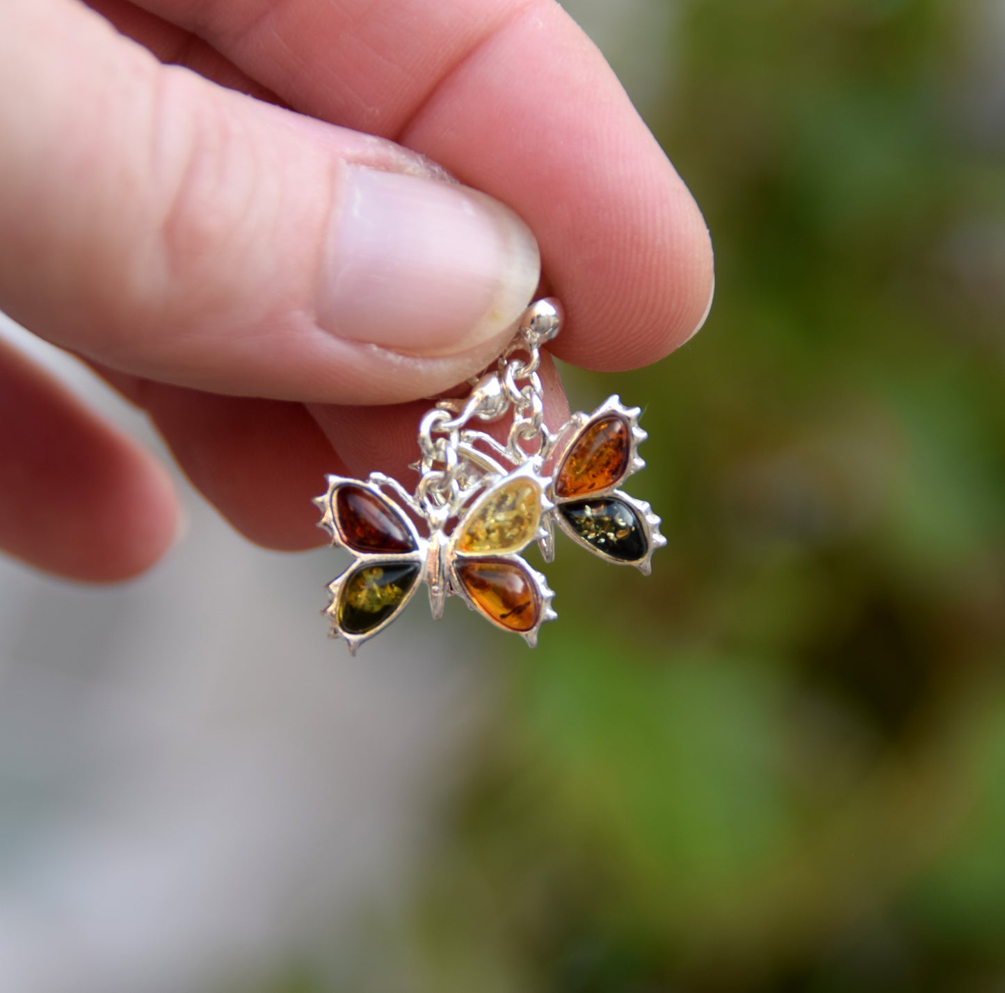 MJ Baltica, earrings, natural Baltic amber, 925 silver, butterfly, multi color, handcrafted, BK077