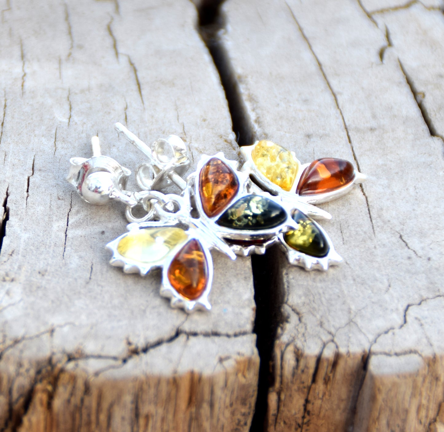 MJ Baltica, earrings, natural Baltic amber, 925 silver, butterfly, multi color, handcrafted, BK077