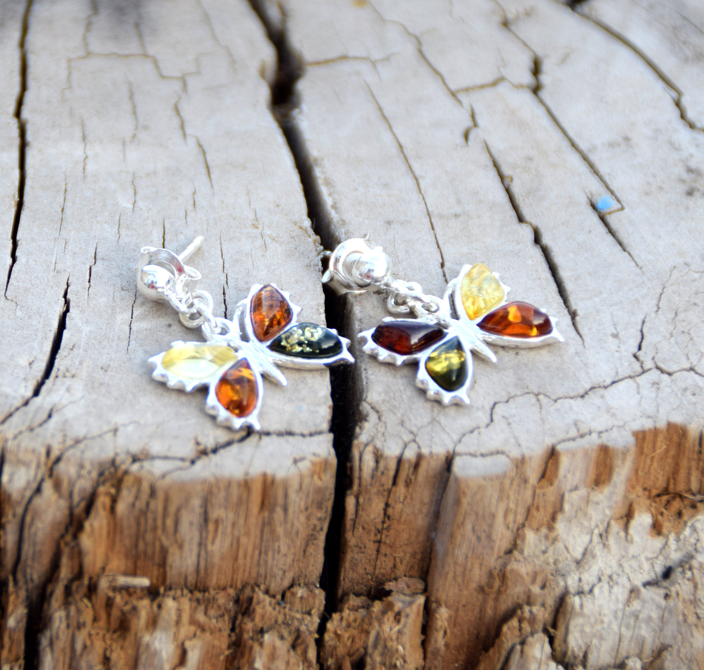 MJ Baltica, earrings, natural Baltic amber, 925 silver, butterfly, multi color, handcrafted, BK077