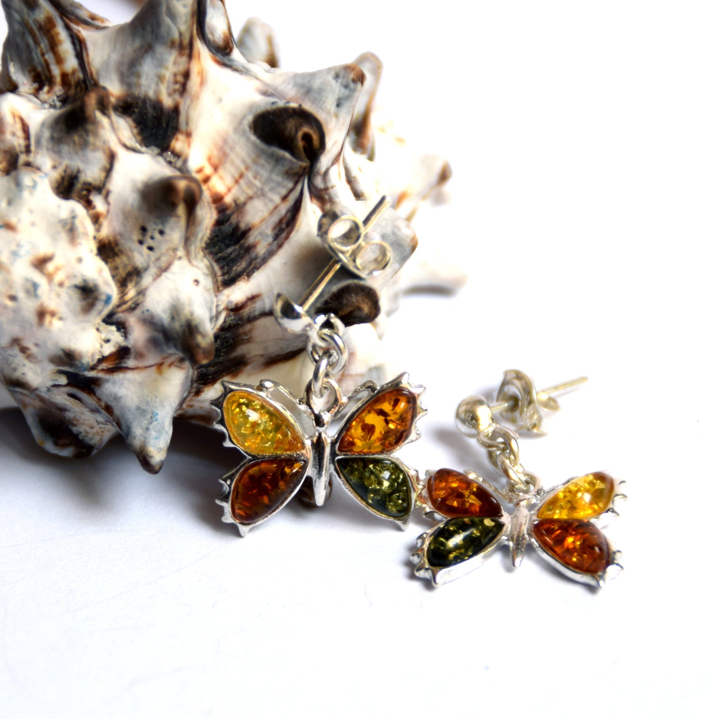 MJ Baltica, earrings, natural Baltic amber, 925 silver, butterfly, multi color, handcrafted, BK077