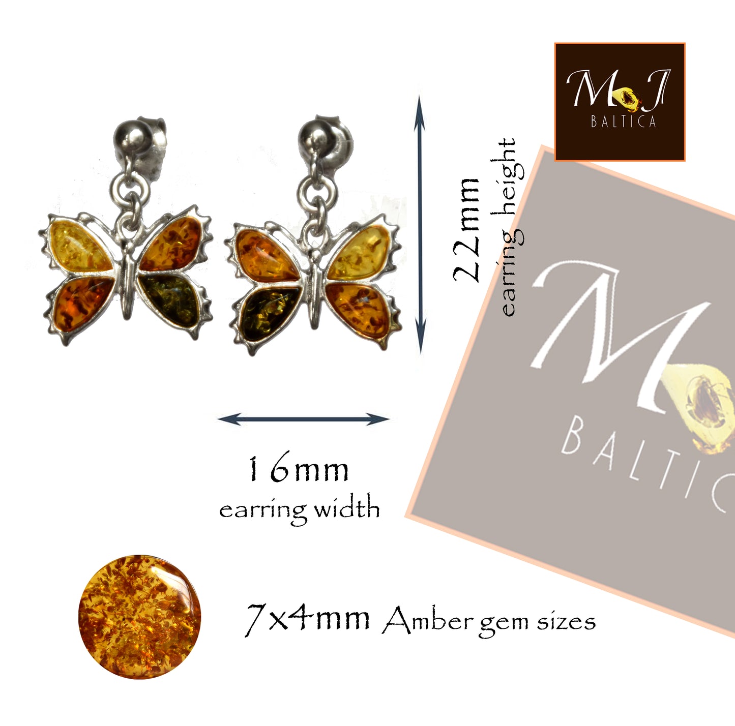 Orecchini pendenti a forma della farfalla con Ambra naturale di varie tonalità e Argento 925, MJ Baltica, BK077