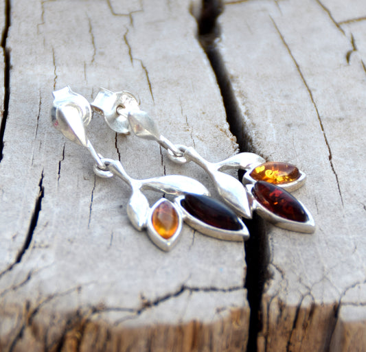 MJ Baltica, earrings, natural Baltic amber, 925 silver, leaves, bright, delicate, BK079