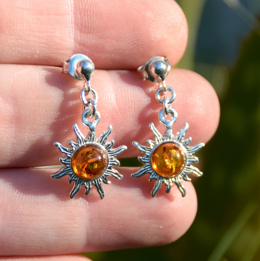 MJ Baltica, earrings, natural Baltic amber, 925 silver, sun, pendant, handcrafted, BK081