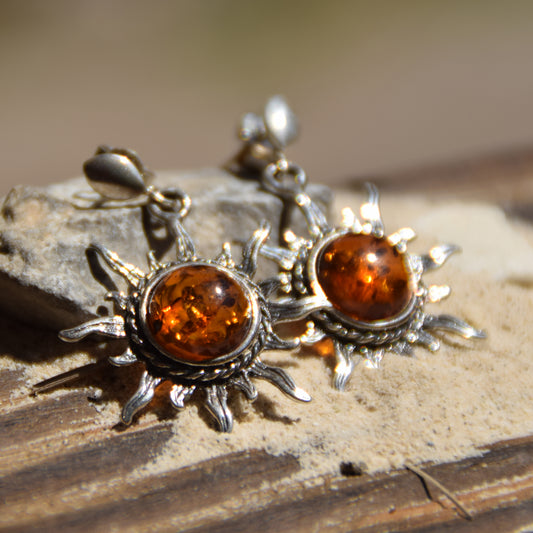 Large sun-shaped dangle earrings with natural Cognac Amber and 925 Sterling Silver, MJ Baltica, BK082