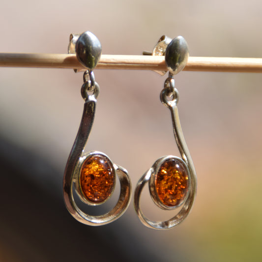 Elegant drop earrings made with natural Cognac Amber and 925 Sterling Silver, MJ Baltica, BK085