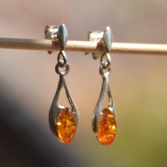 Lightweight dangle earrings with natural Cognac Amber and 925 Sterling Silver, MJ Baltica, BK090