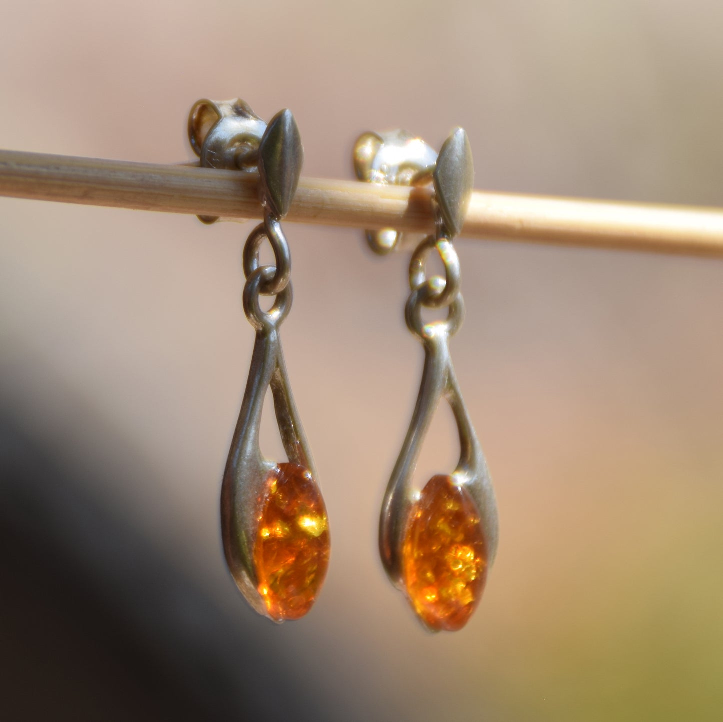 Lightweight dangle earrings with natural Cognac Amber and 925 Sterling Silver, MJ Baltica, BK090