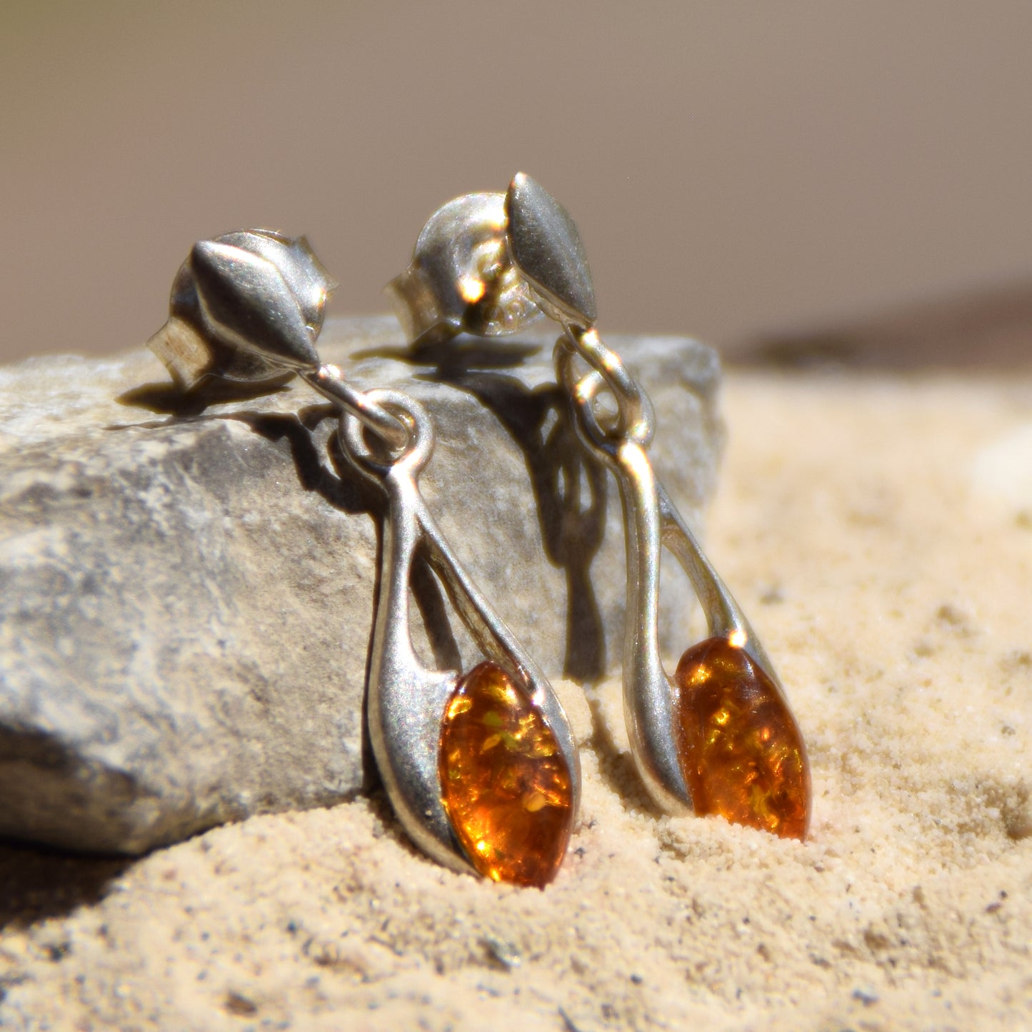 Lightweight dangle earrings with natural Cognac Amber and 925 Sterling Silver, MJ Baltica, BK090